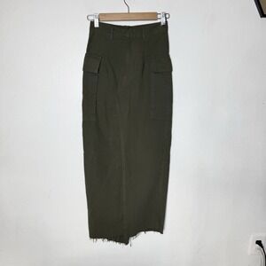 Local European Olive Green Raw Hem Side Slit Cargo Long Skirt Boho Women's XS
